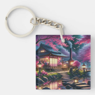 Llavero Serene Jardín Japonés en Pintura de Crepúsculo