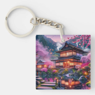 Llavero Serene Jardín Japonés en Pintura de Crepúsculo
