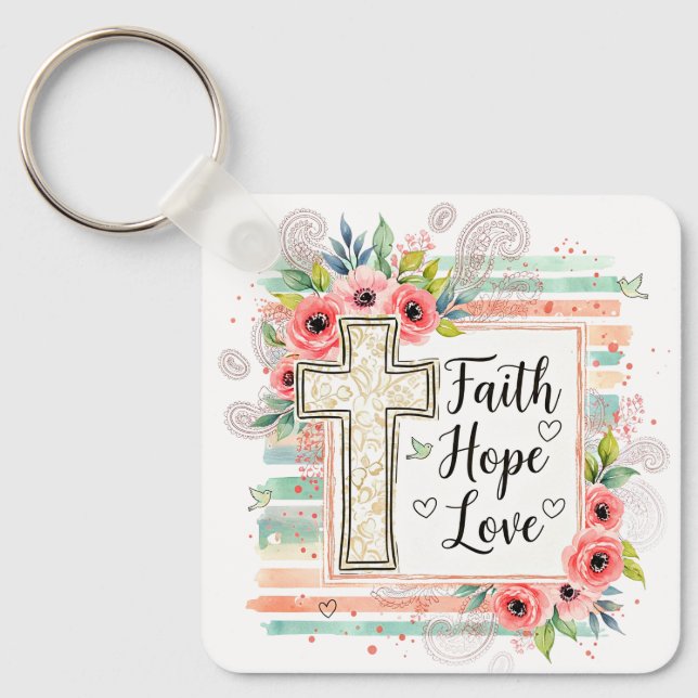 Llavero Shabby Chic floral Faith Hope Love (Anverso)