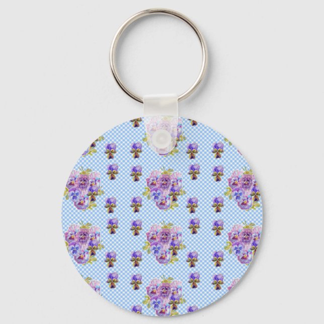 Llavero Shabby Chic Pansy Floral Blue Gingham Checks (Anverso)