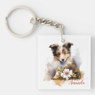 Llavero Shetland Sheepdog Puppy Mascota Flor acuática