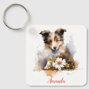 Llavero Shetland Sheepdog Puppy Mascota Flor acuática