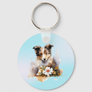 Llavero Shetland Sheepdog Puppy Mascota Flor acuática