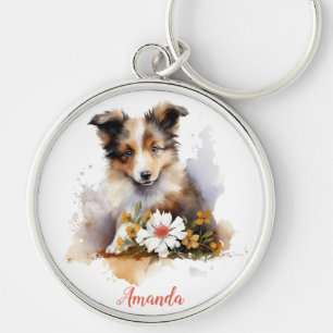 Llavero Shetland Sheepdog Puppy Mascota Flor acuática