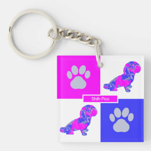 Llavero Shih-Poo Silhouette Dog & Paw Pink and Blue Square