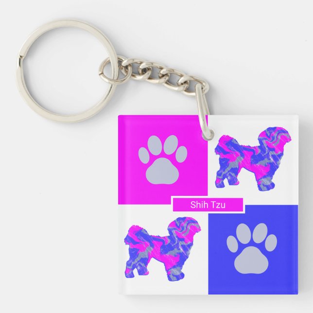 Llavero Shih Tzu Silhouette Dog & Paw Pink and Blue Square (Frente)