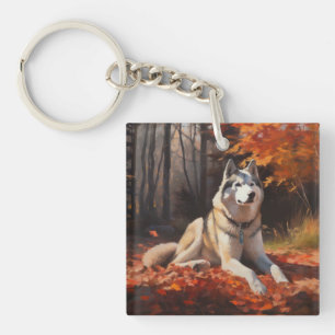 Llavero Siberian Husky en otoño inspira la caída de las ho