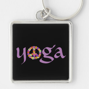 Llavero Signo de paz de yoga con flor en negro