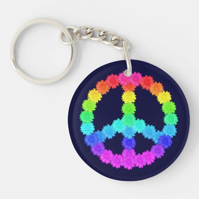 Llavero Signo de signo de paz de flor arco iris (Frente)