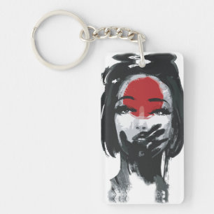 Llavero Silencio de Geisha: Arte de Tinta Roja y Negra