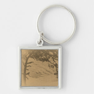 Llavero Silhouette de árbol de pino vintage, amanecer