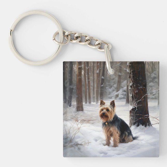 Llavero Silky Terrier deja que nieve Navidades (Frente)