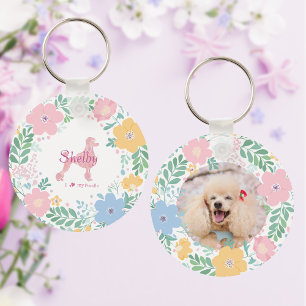 Llavero Silueta de Caniche Rosa Pastel con Corona de Flore
