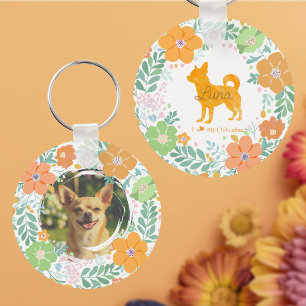 Llavero Silueta de Chihuahua en naranja pastel con foto pe