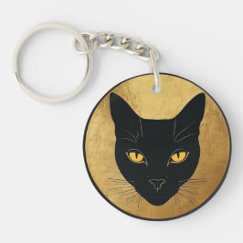 Llavero Silueta de gato negro contra un círculo dorado