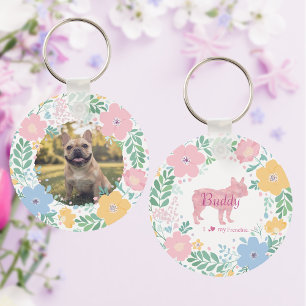 Llavero Silueta floral de Bulldog Francés de color rosa pa