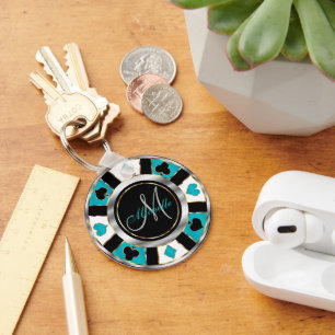 Llavero Silver and Turquoise Poker Chip Design - Monogram