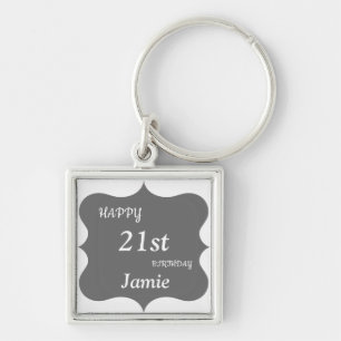 Llavero Silver y Grey Happy 21st Birthday personalizado