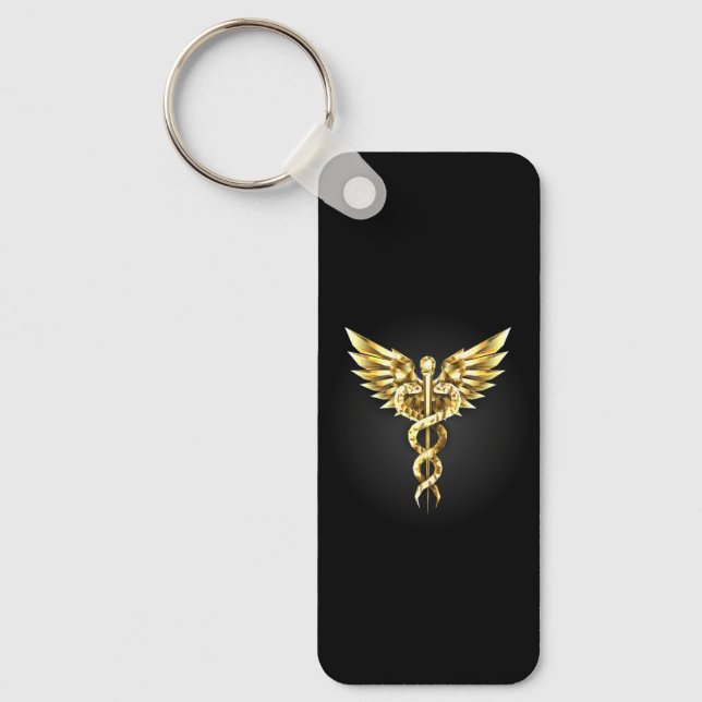 Llavero Símbolo Caduceo Poligonal Dorado (Anverso)