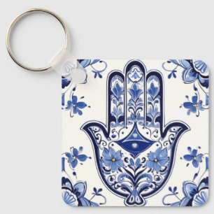 Llavero Símbolo de mano Hamsa - Mano azul y blanca de Fáti