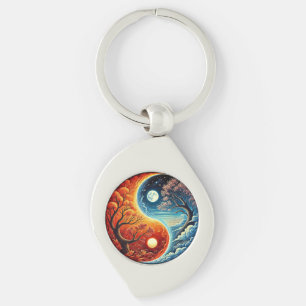 Llavero Símbolo Intrincado Yin-Yang que Muestra Fuego y Ag