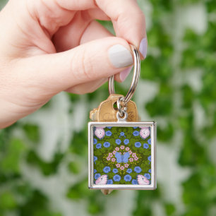 Llavero Simetría de mariposas y flores, azul y rosa