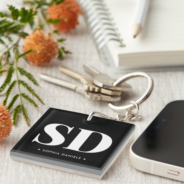 Llavero Simple 2 Monograma Retro Inicial Blanco Negro (Frente Derecha)