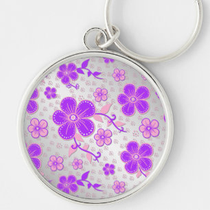 Llavero Simple acuarela floral morado y rosado en plata