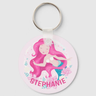 Llavero Sirena Niña Pelo Rosa Lindo Fantasía Personalizada