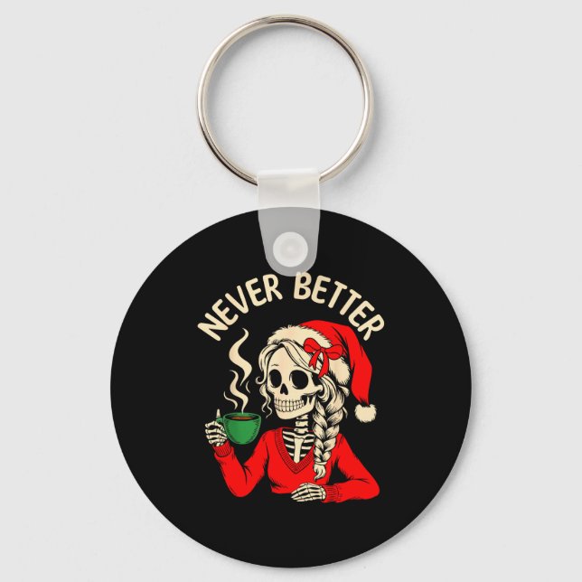 Llavero Skeleton Girl Santa Drinking Coffee Xmas Funny Sku (Anverso)