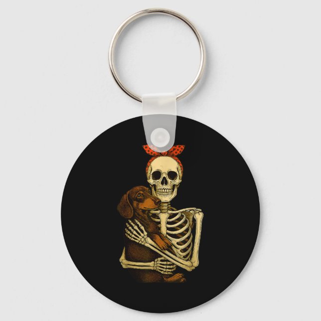 Llavero Skeleton Holding Dachshund Dog Funny Lazy Hallowee (Anverso)