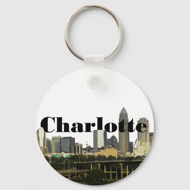 Llavero Skyline de Charlotte NC con Charlotte en el cielo (Anverso)