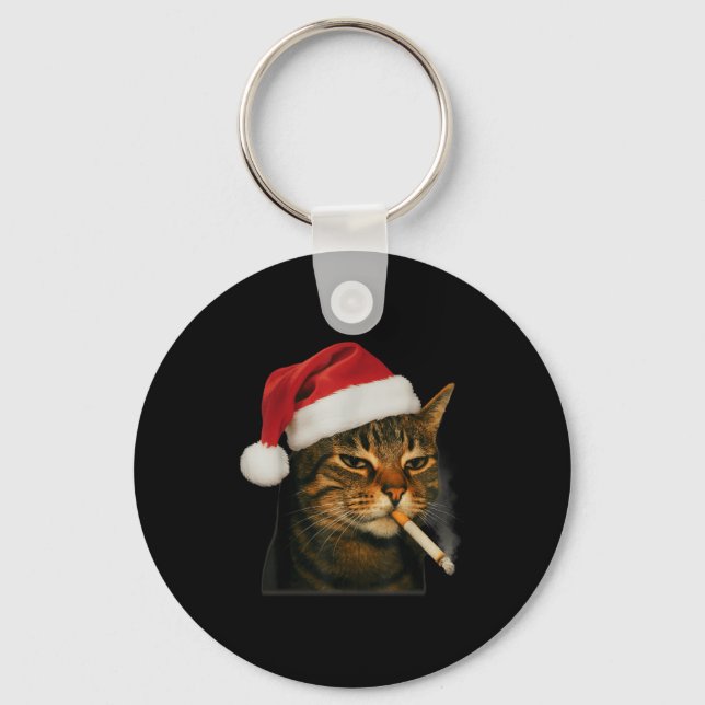 Llavero Smoking Cat Cigarette Christmas Santa Hat Cat Meme (Anverso)