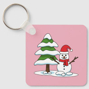 Llavero Snowman con un árbol de pino con nieve