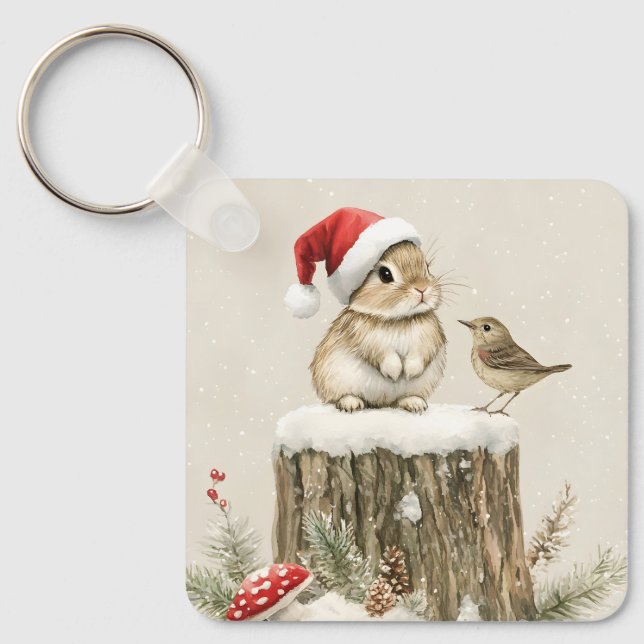 Llavero Snowy Forest Winter Woodland Christmas Bunny Bird  (Anverso)