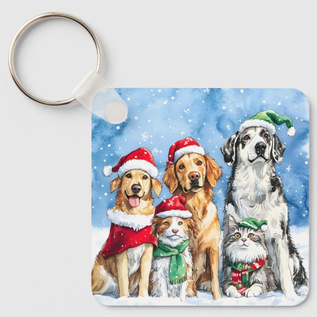 Llavero Snowy Paws Festive Cute Christmas Pets Watercolor (Anverso)