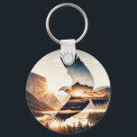 Llavero Soaring Bald Eagle Over Mountain Valley Lake<br><div class="desc">A bald eagle soars gracefully over a picturesque mountainous landscape at sunrise,  with a double-exposure effect,  and sun rays create a halo around the eagle,  adding a sense of majesty</div>