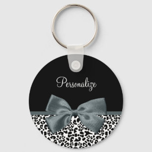 Llavero Sofisticado Leopard Print Gray Bow con el nombre