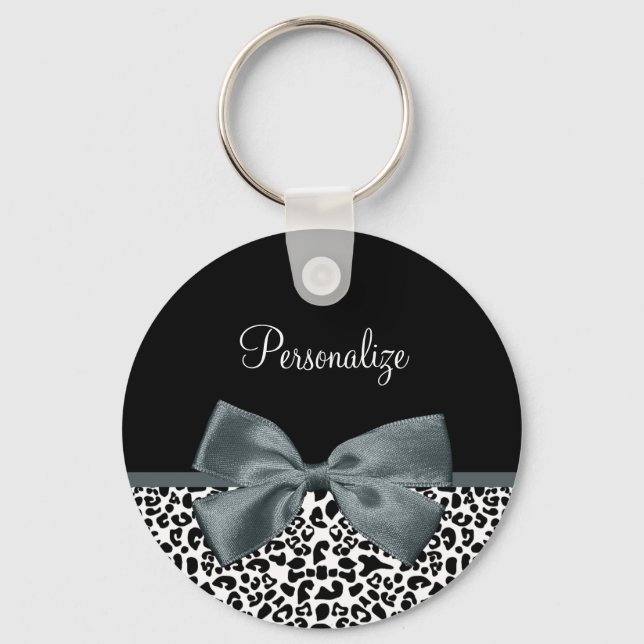 Llavero Sofisticado Leopard Print Gray Bow con el nombre (Anverso)