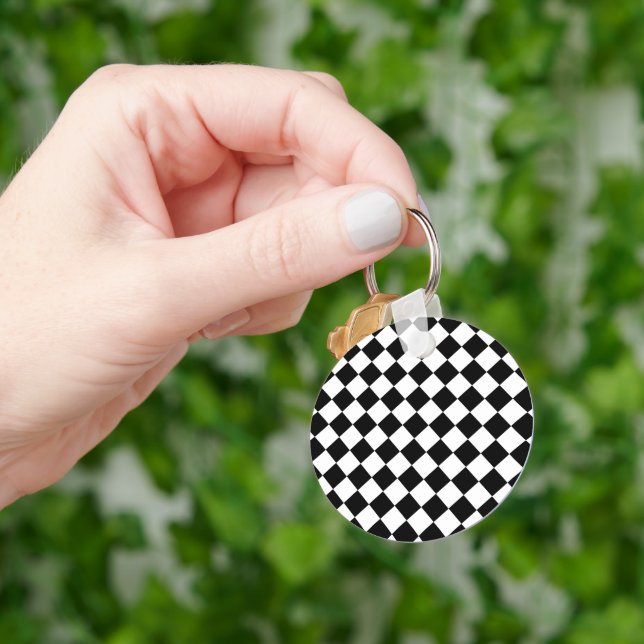 Llavero Solid Black and White Chevron Pattern Round (Mano)