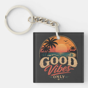 Llavero Solo Buenas Vibraciones Diseño Retro Puesta de Sol