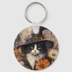 Llavero Sombrero de Bruja Gato Negro Vintage Floral Otoño