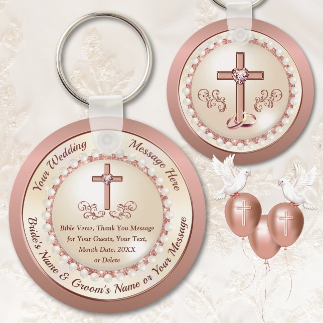 Llavero Sorprendente oro Rosa, boda cristiana favorece ide (Christian wedding favors for guests. Rose Gold and Champagne Wedding Theme. Elegant baptism favors.)