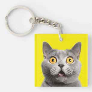 Llavero Sorprendido Gracioso Gato Loco Amarillo