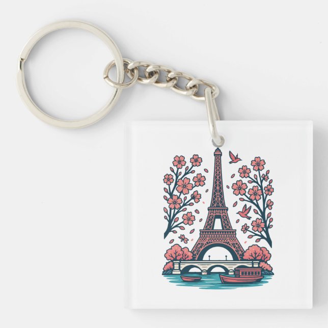Llavero Souvenir parisino Torre Eiffel Árbol de cerezos de (Frente)