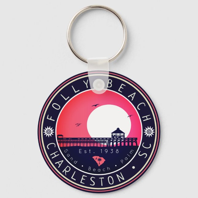 Llavero Souvenirs Folly Beach SC Retro Sunset Pier 60 (Anverso)