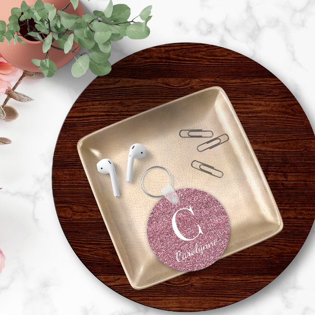 Llavero Sparkle Pink Rose Gold Faux Glitter Monogram (Subido por el creador)