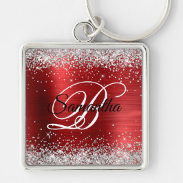 Llavero Sparkly Silver Glitter Girly Red Foil Monogram