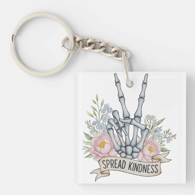 Llavero "Spread Kindness" Skeleton Peace Sign – Watercolor (Frente)