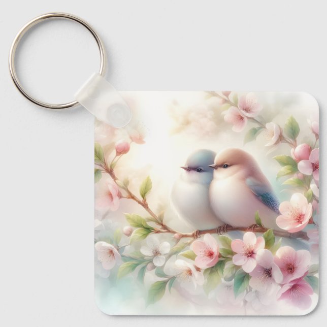 Llavero Spring Love Birds Cherry Blossom Floral (Anverso)